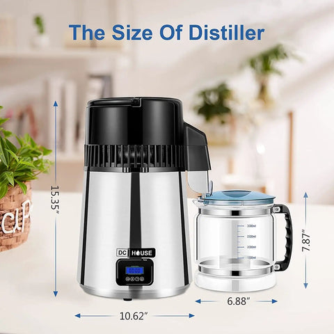 1 Gallon Water Distiller Timeable With 304 Stainless Steel Filter and CNC Timing LCD Display dimensions shown