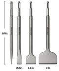 Firecore SDS tile removal chisel set, 4 pcs, alloy steel; 10in length with 0.8in, 1.6in and 3in widths.