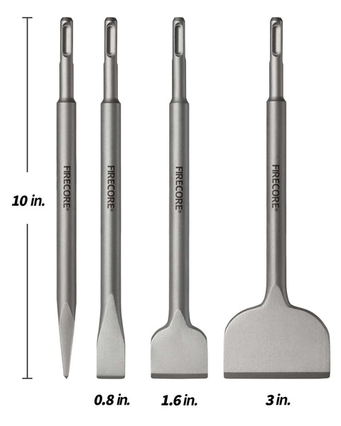Firecore SDS tile removal chisel set, 4 pcs, alloy steel; 10in length with 0.8in, 1.6in and 3in widths.