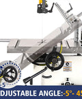 Close-up of Beast Of A 14 Inch Dual Speed Bandsaw for woodworking showing adjustable cast iron table angle.