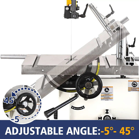 Close-up of Beast Of A 14 Inch Dual Speed Bandsaw for woodworking showing adjustable cast iron table angle.