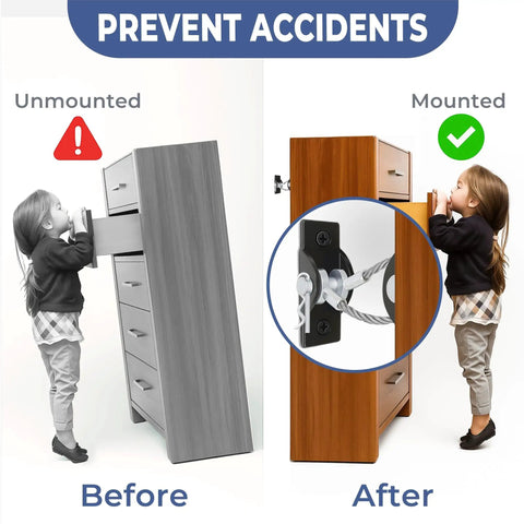 Before and after comparison of Heavy Duty Anti Tip Furniture Safety Straps For Baby Proofing And Wall Mirror Mounts.