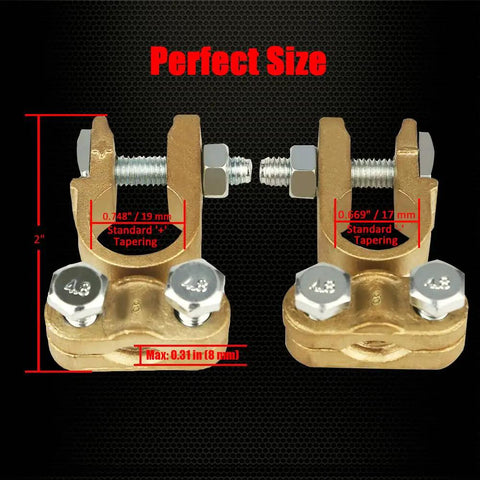 Beefy Brass Battery Terminals Top Post Connectors Clamps Set for Marine Cars Boats and RVs, front view with measurements
