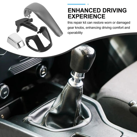 Get Your Ride Looking Fresh With This 6pc Shifter Knob Repair Kit Featuring Abs Material For Perfect Car Gear Handle Replacement And Seamless Shift Experience, 6-piece car shifter repair kit with black and silver covers on gear lever