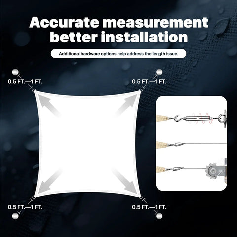 Diagram showing accurate measurement and installation instructions for Beige Square Waterproof Sun Shade Sail 9.5 Ft By 9.5 Ft UPF50 Plus.