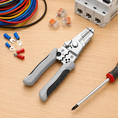 Compact Manual Wire Stripper Pliers Cutter And Gripper Tool 7.4 Inch for electrical tasks alongside wire connectors and tools.