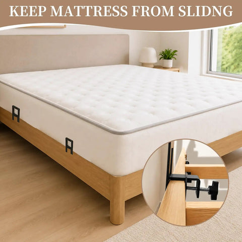 Six Pack Heavy Duty Mattress Slide Stoppers Lock Down Metal Beds Tight Adjustable Anti Slip Bed Grippers on mattress corner.