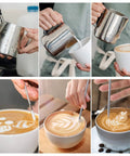 12 Oz 350 Ml Stainless Steel Espresso Milk Frothing Pitcher With Latte Art Pen For Home Barista Use Pro Grade Coffee Frother Cup For Espresso Machines And Latte Art Creations in use, showcasing frothing and latte art process.