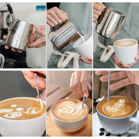 12 Oz 350 Ml Stainless Steel Espresso Milk Frothing Pitcher With Latte Art Pen For Home Barista Use Pro Grade Coffee Frother Cup For Espresso Machines And Latte Art Creations in use, showcasing frothing and latte art process.