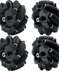 4 Pack 80mm Mecanum Wheels With 6mm Metal Couplings For DIY AGV Robotic Car Chassis Omni Directional Drive Kit Dope For Arduino Uno R3 And Raspberry Pi Projects, shown from front.
