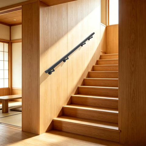 Premium Stainless Steel Flush Wall Mount Handrail For Indoor Outdoor Stairs Heavy Duty Spray Coated Safety Railing Built Tough Two Hundred Pound Load Capacity fitted along wooden staircase.