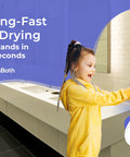Child using two pack commercial hand dryer for bathrooms ultra fast drying in 9 to 11 seconds high RPM motor stainless steel finish