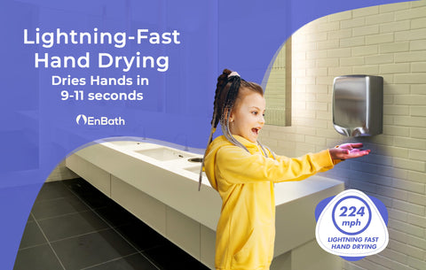 Child using two pack commercial hand dryer for bathrooms ultra fast drying in 9 to 11 seconds high RPM motor stainless steel finish