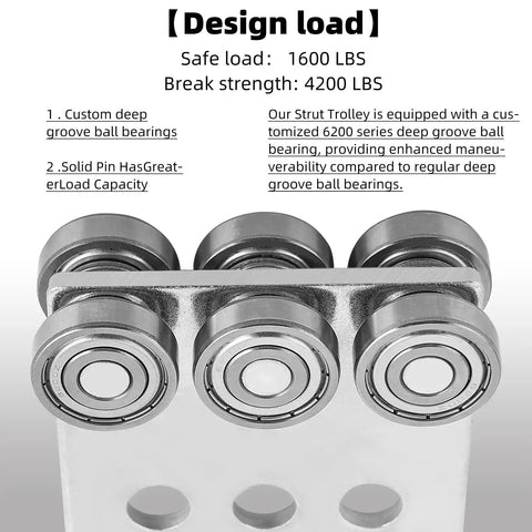 Beefy Six Wheel Trolley Assembly With Six Bearings For Unistrut Channel showcasing design load specifications