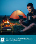 Man camping using Built Tough LED Construction Spotlight And Work Light With 8000 Lumen Brightness 13500mAh Battery Solar Or USB Recharge
