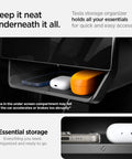 Under Screen Storage Organizer For Tesla Model Y And Model 3 Premium TPU And PC Build Space Saving Tray With Two Shelves To Stash Phone Wallet Keys And Essentials Easy Access Non Slip Surface And Quick Install with items displayed inside.