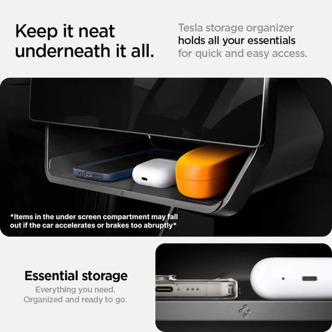 Under Screen Storage Organizer For Tesla Model Y And Model 3 Premium TPU And PC Build Space Saving Tray With Two Shelves To Stash Phone Wallet Keys And Essentials Easy Access Non Slip Surface And Quick Install with items displayed inside.