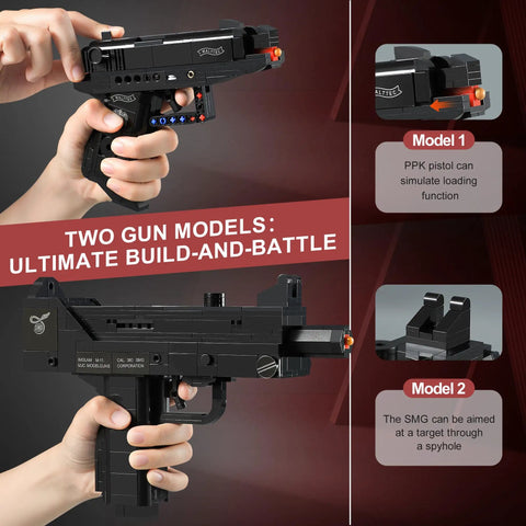 Two In One Gun Building Blocks Set With 800 Pieces Lets You Build MAC10 SMG And PPK Pistol Features Working Trigger Moving Slide Removable Magazine And 12 Plastic Projectiles For Build Play Display And Collectors Ages 8 And Up, black plastic build
