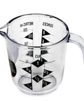 Clear Plastic Measuring Cup With Easy Read US And Metric Markings, 1 Cup Size, Durable Dishwasher Safe, side view with handle