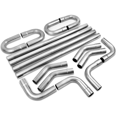 2.5 Inch T304 Stainless Steel Custom Exhaust Pipe Kit 16 Gauge Tubing Mandrel Bent Pipe Straight And U Bend Universal Includes Two Packages For Easy Slip Fit Installation, showing various pipe shapes