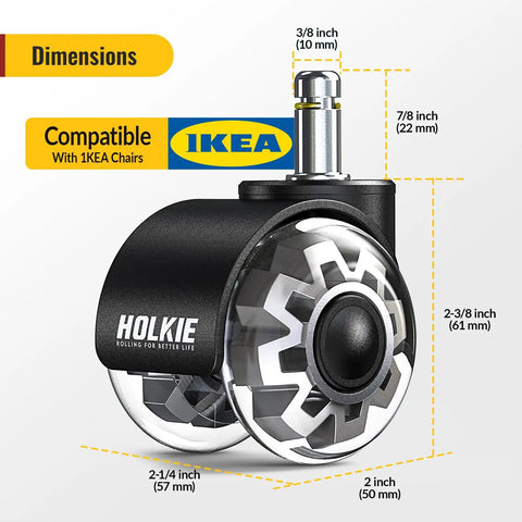Dead Quiet Two Inch Office Chair Casters Fit Ikea 1Kea Compatible is displayed with dimensions for easy reference.