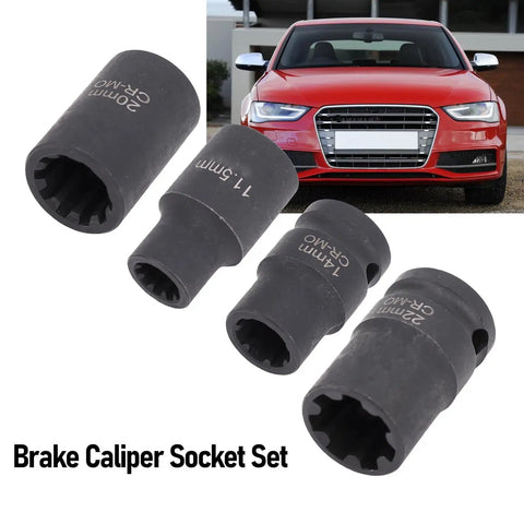 Pro Grade Brake Caliper Socket Set 4 Piece Kit For 1/2 Inch Drive, visible with red car, ideal for DIY on S4 S5 S6 SQ5