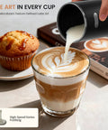6-In-1 Electric Milk Frother And Steamer With Cold Foam, Hot Foam And Milk Warmer creating latte art with muffin on side