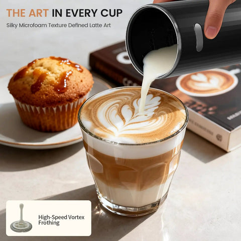 6-In-1 Electric Milk Frother And Steamer With Cold Foam, Hot Foam And Milk Warmer creating latte art with muffin on side