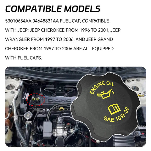Engine Oil Filler Cap Replacement Compatible With Jeep Wrangler Cherokee Grand Cherokee Dodge Ram 1500 2500 3500 Dakota Durango Caravan Neon Chrysler Concorde PT Cruiser OEM 53010654AA 04648831AA shown installed in engine bay