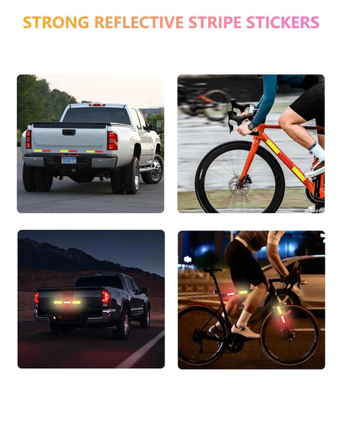 Reflective stripe stickers on vehicles and bicycles for visibility at night and in low-light conditions.
