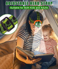 Mother and daughter reading in tent with Dinosaur Themed LED Headlamp For Kids And Adults Multi Mode Dino Headlamp