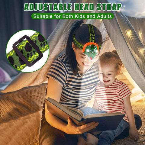 Mother and daughter reading in tent with Dinosaur Themed LED Headlamp For Kids And Adults Multi Mode Dino Headlamp