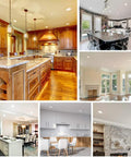 Photo collage of modern kitchens and living room areas featuring 12 Pack 5 to 6 Inch LED Recessed Downlights With Baffle Trim Wet Rated E26 Base 10.5W Equal 85W Dimmable 5CCT Color Temperature CRI 90 Energy Star ETL Listed Easy Retrofit Installation in ceilings.