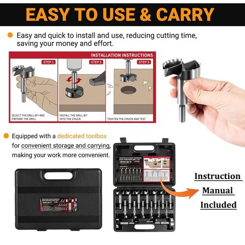 Top Shelf Forstner Bit Set With Sixteen Heavy Duty Wood Drill Bits Cutting Perfect Flat Bottom Holes On Plywood And Softwood For Cabinet Making And Garage Shop Builds Straight Up No Sweat Performance showing installation steps and toolbox.