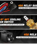 40A relay base with wiring harness, 3/8" NPT cooling fan switch, and high-load 40A relay for electric fan system.