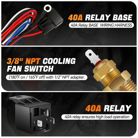 40A relay base with wiring harness, 3/8" NPT cooling fan switch, and high-load 40A relay for electric fan system.