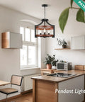 3 Light Farmhouse Chandelier with Adjustable Height Pendant in modern kitchen, featuring black metal and walnut finish.