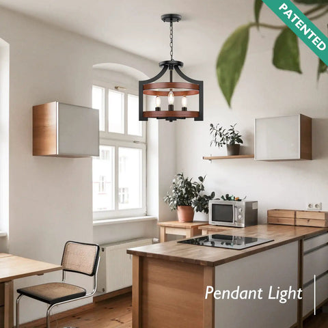 3 Light Farmhouse Chandelier with Adjustable Height Pendant in modern kitchen, featuring black metal and walnut finish.