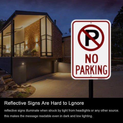 4 Pack 18 By 12 Inch No Parking Signs Made From Reflective Aluminum With Symbol installed outside a modern building