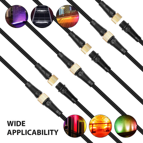 Hella Versatile 4 Foot Extension Cable For Linkable Led Wall Washer Lights Featuring Heavy Duty Copper Core Wiring And Fully Waterproof Build For Dead Easy Outdoor Installation, showing detailed connectors and lighting effects.