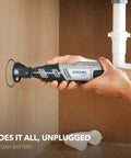 Using 12 Volt Max Cordless Rotary Tool Kit with Battery and Carrying Case in tight space for pipe cutting.