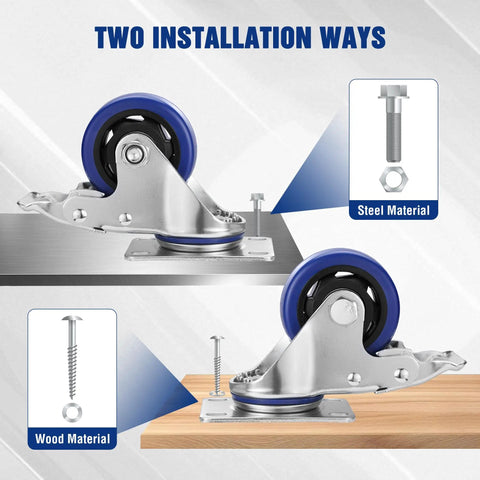 Heavy Duty 3 Inch Swivel Caster Wheels Set Of 4 showing two installation methods on steel and wood surfaces.