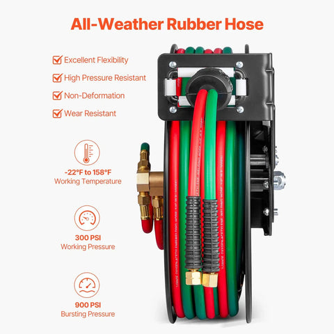 Auto-Rewind Welding Hose Reel For 1/4-Inch X 50-Foot Twin Oxygen Acetylene Rubber Hose Up To 300 PSI T Grade with features