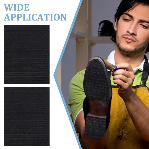 Two 15x11 Inch Rubber Shoe Soles Repair Sheets, 2.5mm Thick, Black Non Slip Bottom Material For High Heels, Leather Shoes, And Sports Shoes, Easy DIY Sole Repair To Extend Shoe Life shown with a man repairing a shoe