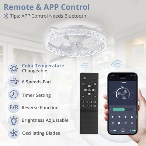 20 Inch Low Profile Bladeless Ceiling Fan With Lights And Remote Oscillating Modern LED Ceiling Fan control app and remote display