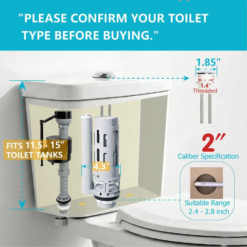 2 Inch Dual Flush Toilet Repair Kit With Metal Tool And Bolt installed in standard toilet tank, highlighting measurements