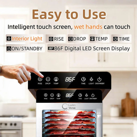 Pro Built 1000W Food Dehydrator With 8 Durable Stainless Steel Trays Plus Quick Setup Timer For No Sweat Even Drying digital LED display and control panel