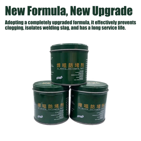 Green cans of nozzle cleaner gel 200g for welding spatter and flux removal stacked under 'New Formula, New Upgrade' text