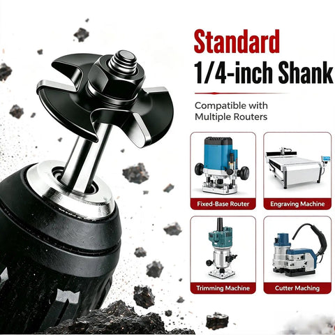 Built Dead Tough Carbide Tipped Router Bit Groove Cutter Made For Trex Composite Decking With Quarter Inch Shank Triple Wing Blade close up detail.