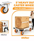 Heavy Duty Five Inch Polyurethane Caster Wheels With Rock Solid Dual Lock Brakes and Slick 360 Degree Swivel, moving 3000 lbs cart.